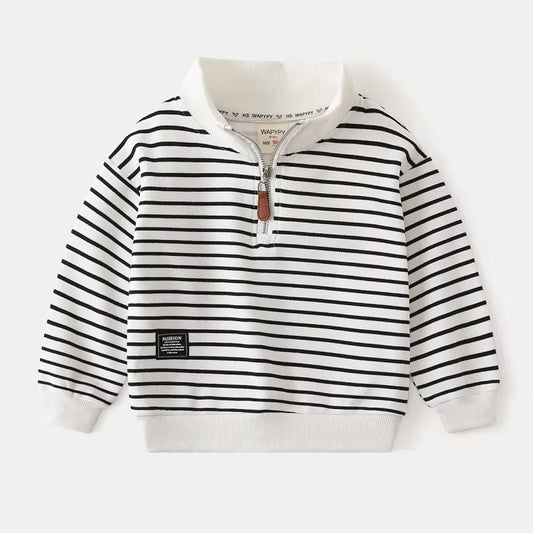 2024 Kids' Striped Stand-Collar Hoodie – Korean (Autumn, Zipper, Daily)