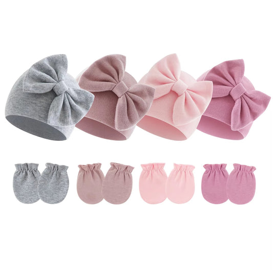 Newborns' Cute Hat & Glove Set – Bowknot, Candy-Colored (0-6M)