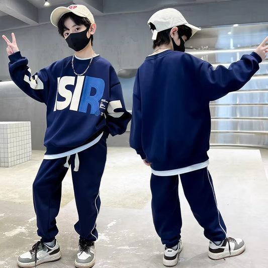 Boys' 2-Piece Cotton Suit – Autumn Trendy (Medium Big Kids, Street Style)