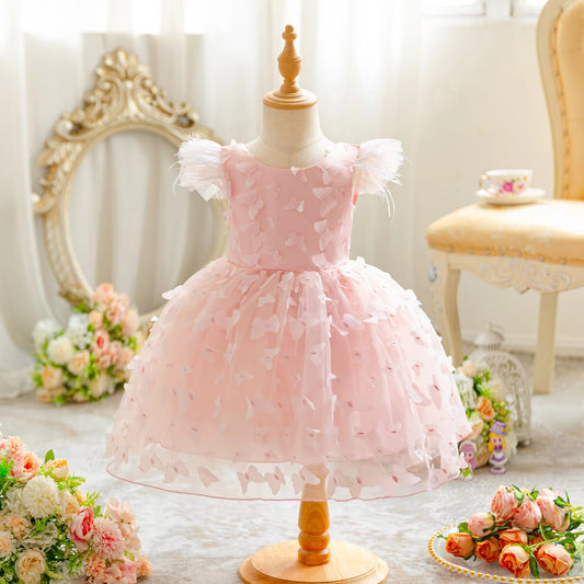 USA Dropshipping Girls' Princess Dresses – 3D Butterfly, Embroidered Feather