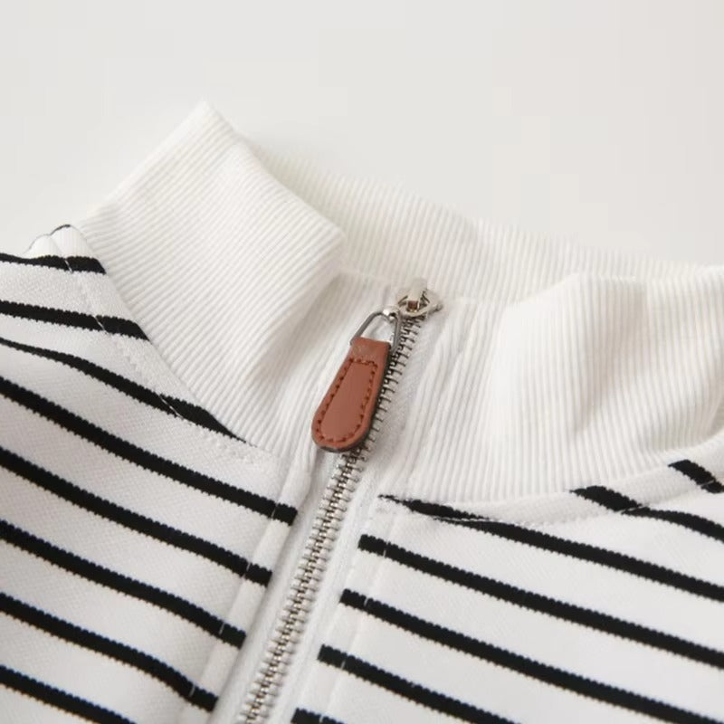 2024 Kids' Striped Stand-Collar Hoodie – Korean (Autumn, Zipper, Daily)