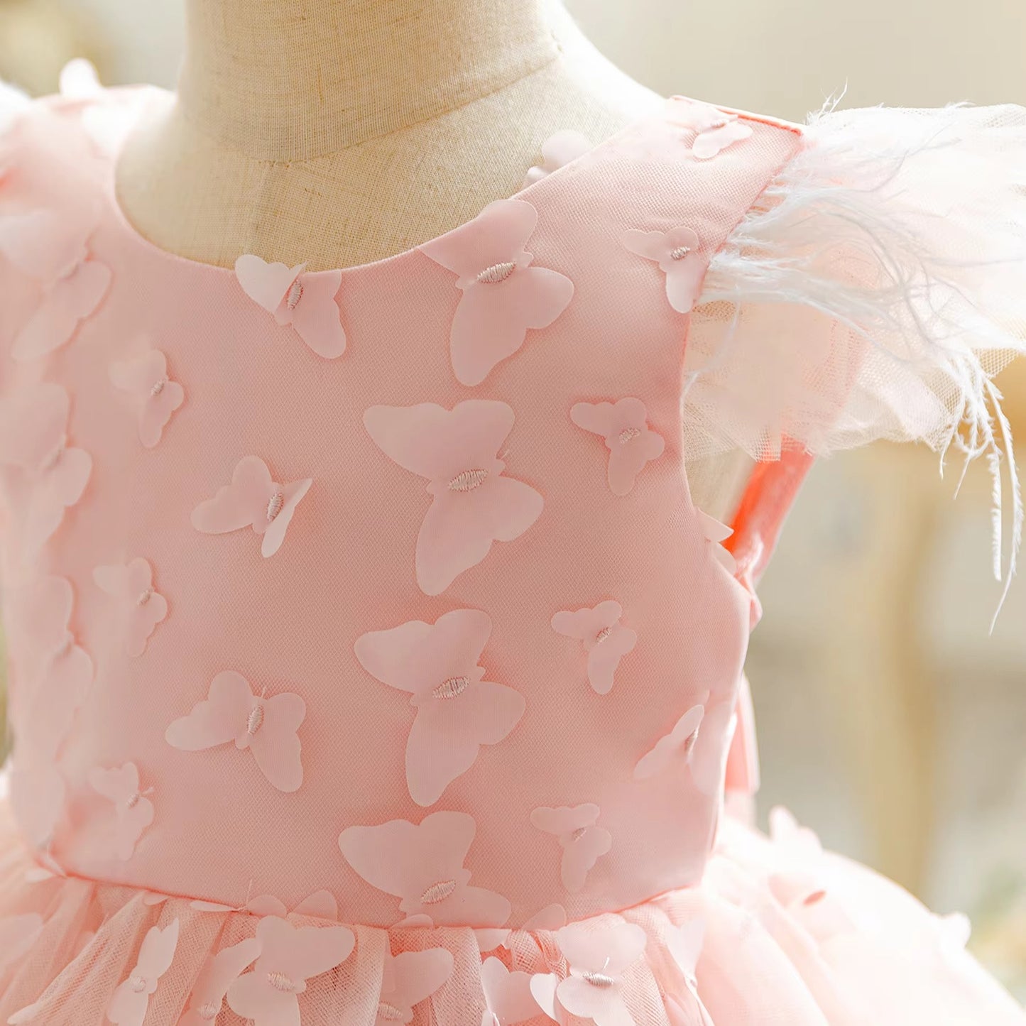 USA Dropshipping Girls' Princess Dresses – 3D Butterfly, Embroidered Feather