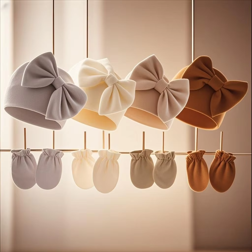 Newborns' Cute Hat & Glove Set – Bowknot, Candy-Colored (0-6M)