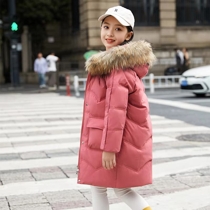 Toddler Girls' Waterproof Long Down Coat – Winter (Real Fur Trim)