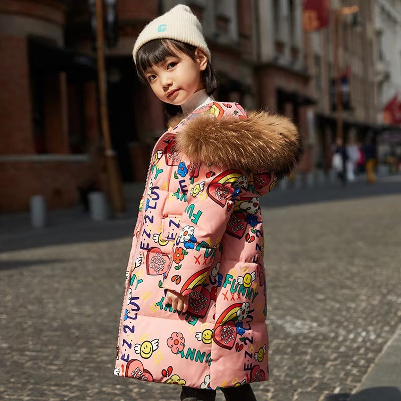 2023 Girls' Mid-Length Down Jacket – White Duck Down (Fox Fur Collar, Zipper, Winter)