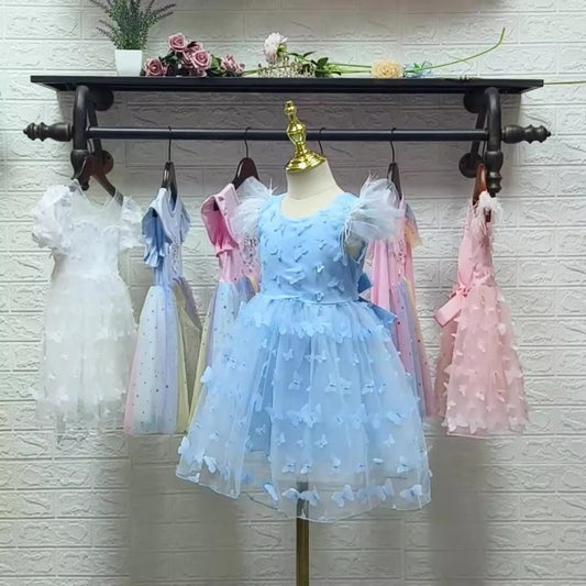USA Dropshipping Girls' Princess Dresses – 3D Butterfly, Embroidered Feather