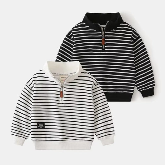 2024 Kids' Striped Stand-Collar Hoodie – Korean (Autumn, Zipper, Daily)