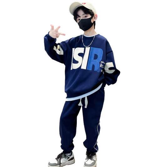 Boys' 2-Piece Cotton Suit – Autumn Trendy (Medium Big Kids, Street Style)