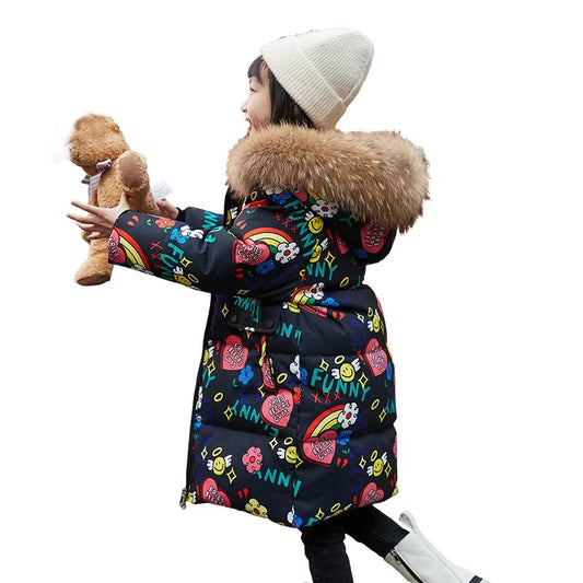 2023 Girls' Mid-Length Down Jacket – White Duck Down (Fox Fur Collar, Zipper, Winter)