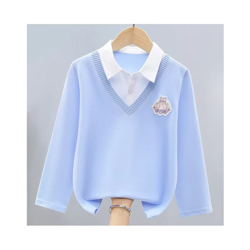 2022 Girls' Autumn Long-Sleeve T-Shirt – Fake Two-Piece (Polo, Bottoming)