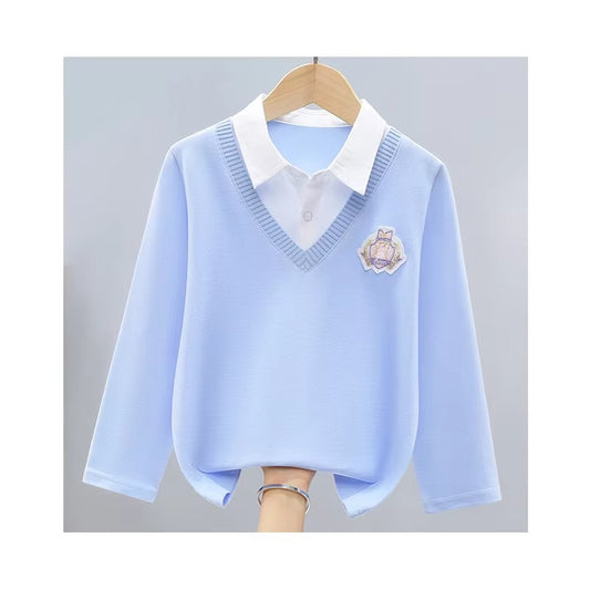 2022 Girls' Autumn Long-Sleeve T-Shirt – Fake Two-Piece (Polo, Bottoming)