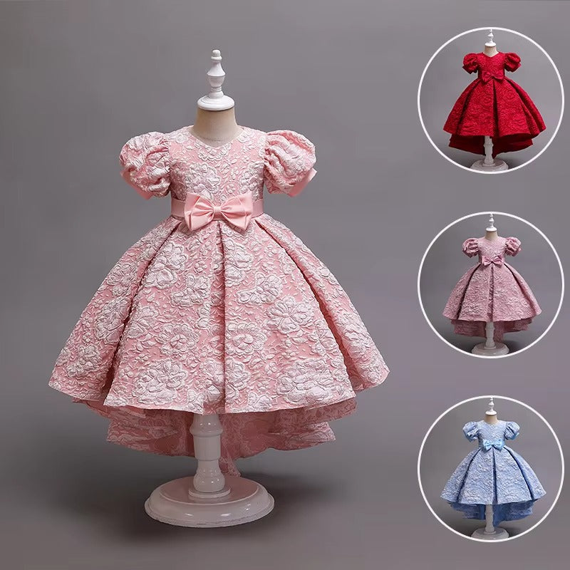 Girls' Elegant Fluffy Dresses – Swallowtail Print, Bubble Sleeves (School)