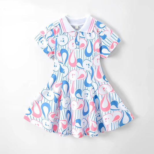 Girls' Customized Tennis Sports Dress – Quick-Drying (Short-Sleeve, Knee-Length, Cartoon, Wholesale)