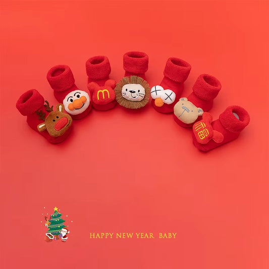 Newborn Red Floor Socks – Autumn/Winter Thickened (Dot Glue Non - Slip, Christmas)