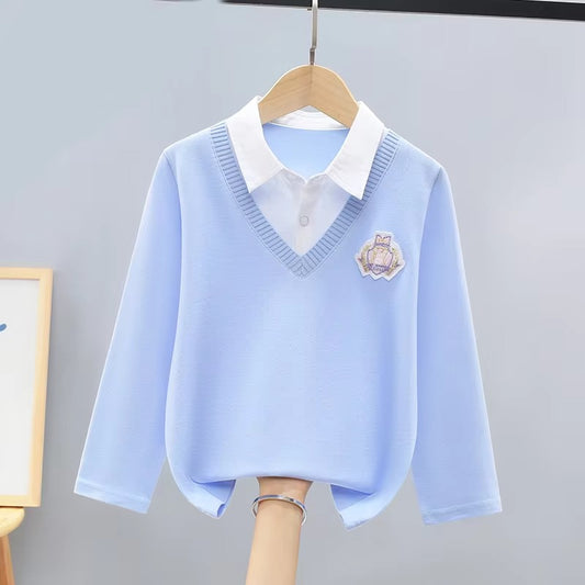 2022 Girls' Autumn Long-Sleeve T-Shirt – Fake Two-Piece (Polo, Bottoming)