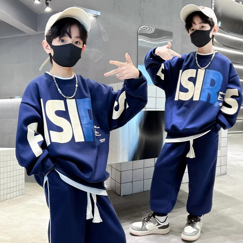 Boys' 2-Piece Cotton Suit – Autumn Trendy (Medium Big Kids, Street Style)