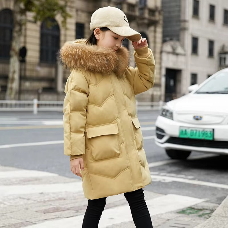 Toddler Girls' Waterproof Long Down Coat – Winter (Real Fur Trim)