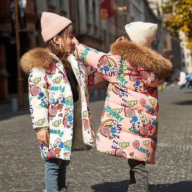 2023 Girls' Mid-Length Down Jacket – White Duck Down (Fox Fur Collar, Zipper, Winter)