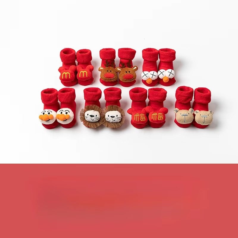 Newborn Red Floor Socks – Autumn/Winter Thickened (Dot Glue Non - Slip, Christmas)
