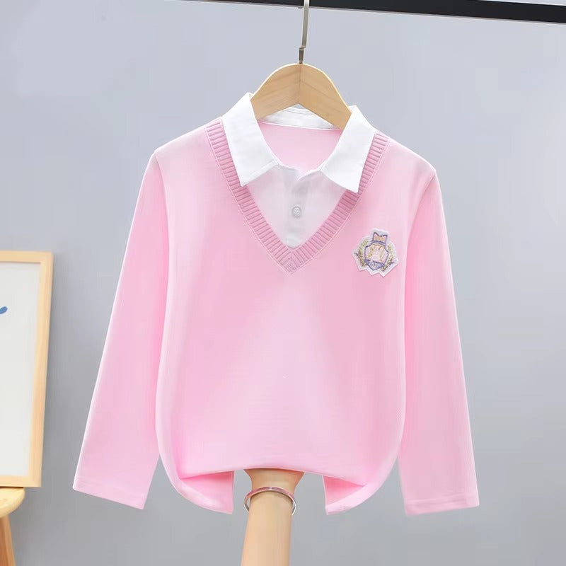 2022 Girls' Autumn Long-Sleeve T-Shirt – Fake Two-Piece (Polo, Bottoming)