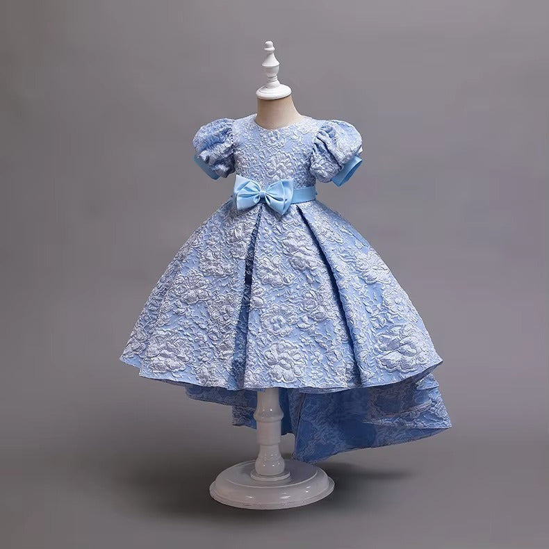 Girls' Elegant Fluffy Dresses – Swallowtail Print, Bubble Sleeves (School)