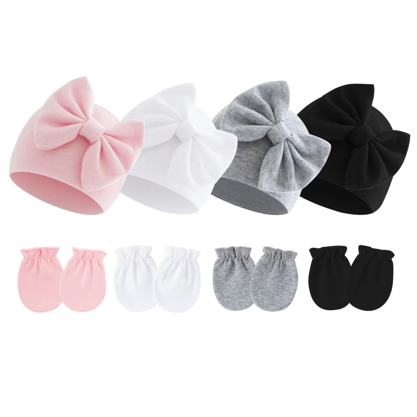 Newborns' Cute Hat & Glove Set – Bowknot, Candy-Colored (0-6M)