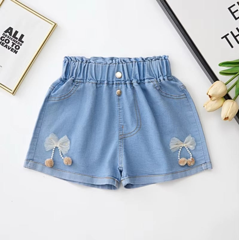 2025 Girls' Cotton Denim Shorts – Summer New (Mid-Waist, Printed, Daily Wear)