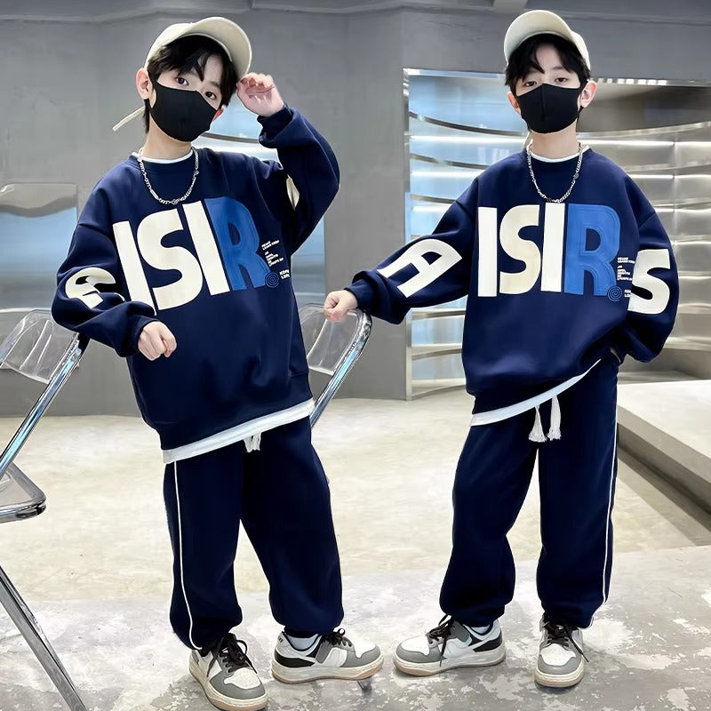 Boys' 2-Piece Cotton Suit – Autumn Trendy (Medium Big Kids, Street Style)