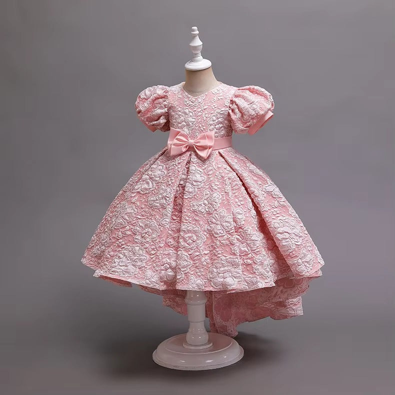 Girls' Elegant Fluffy Dresses – Swallowtail Print, Bubble Sleeves (School)