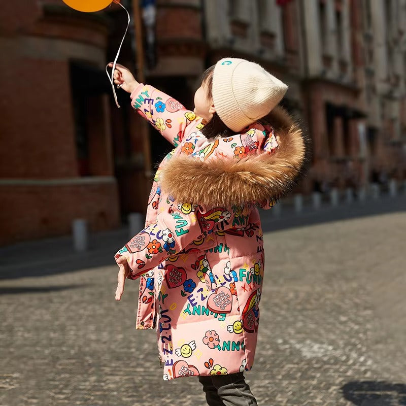 2023 Girls' Mid-Length Down Jacket – White Duck Down (Fox Fur Collar, Zipper, Winter)