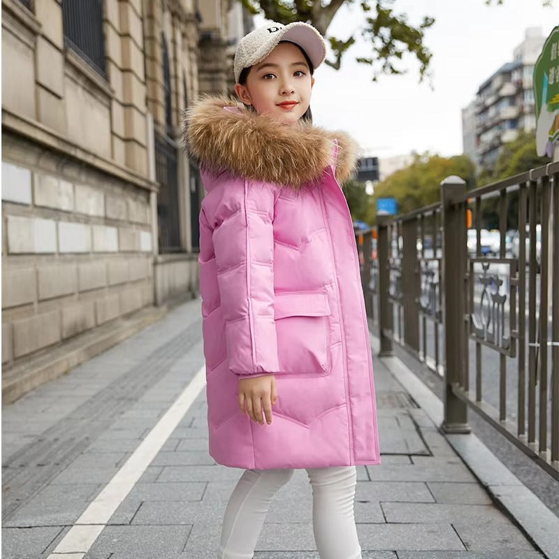 Toddler Girls' Waterproof Long Down Coat – Winter (Real Fur Trim)