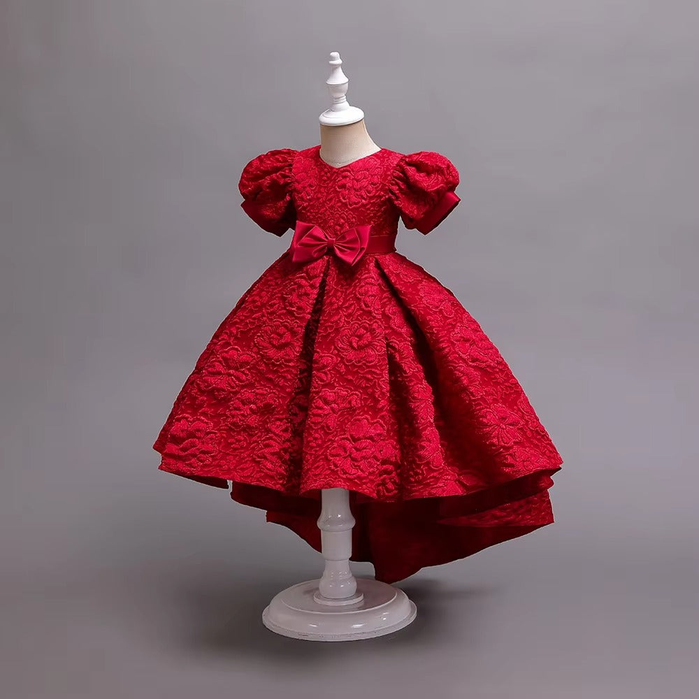 Girls' Elegant Fluffy Dresses – Swallowtail Print, Bubble Sleeves (School)