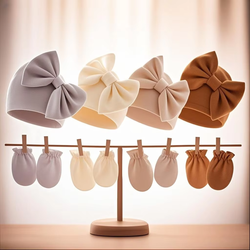 Newborns' Cute Hat & Glove Set – Bowknot, Candy-Colored (0-6M)