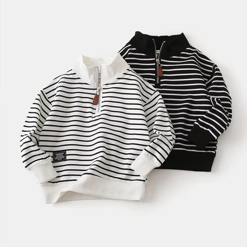 2024 Kids' Striped Stand-Collar Hoodie – Korean (Autumn, Zipper, Daily)