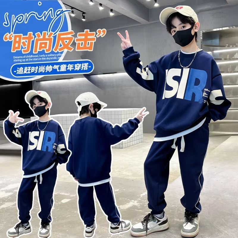 Boys' 2-Piece Cotton Suit – Autumn Trendy (Medium Big Kids, Street Style)